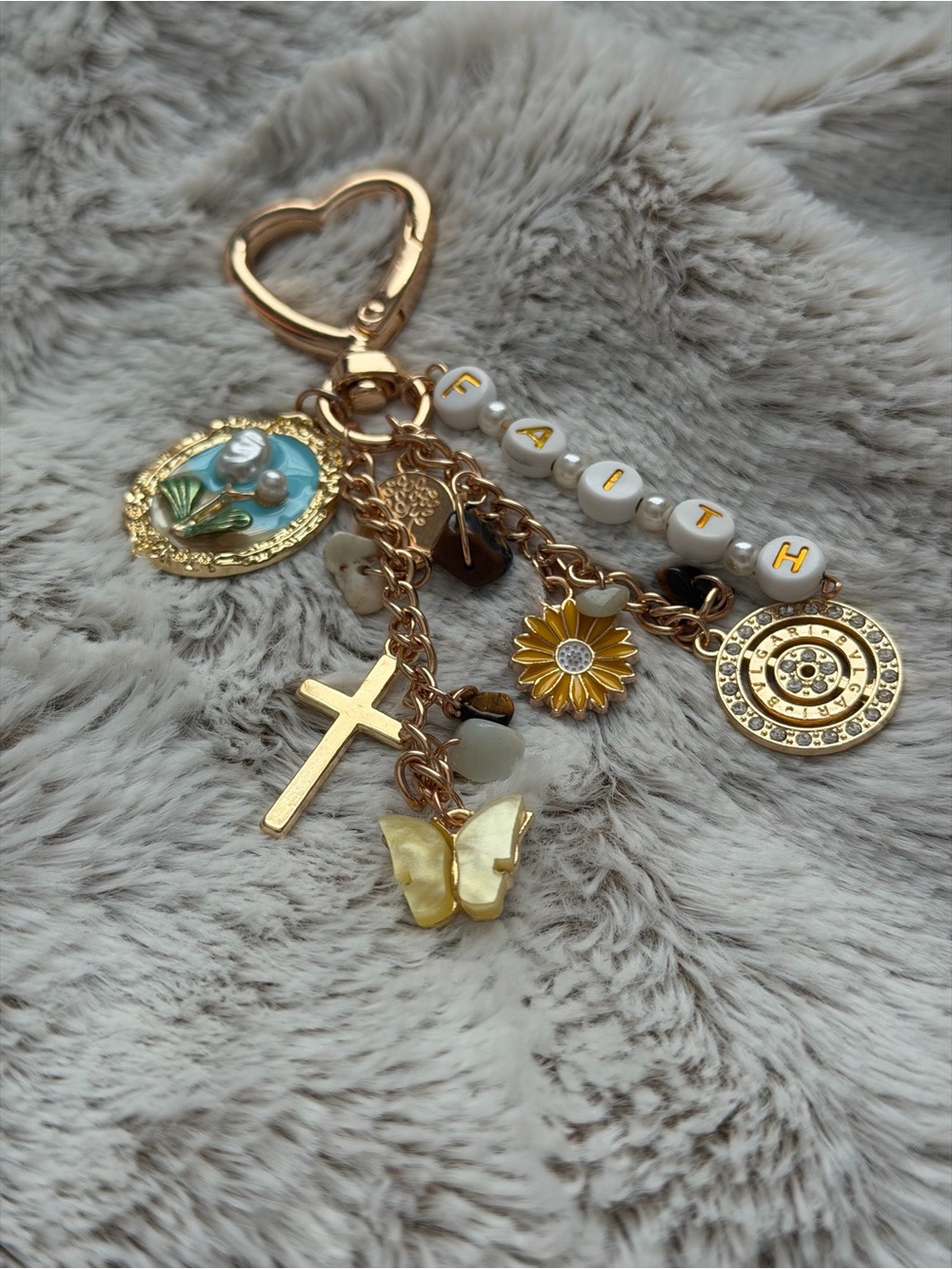Custom Gold Charm Keychain with Cross, Butterfly & Sunflower